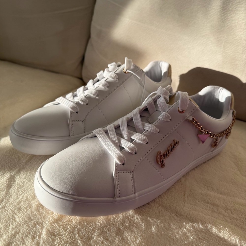 Guess Women's White and Gold Accent Sneakers